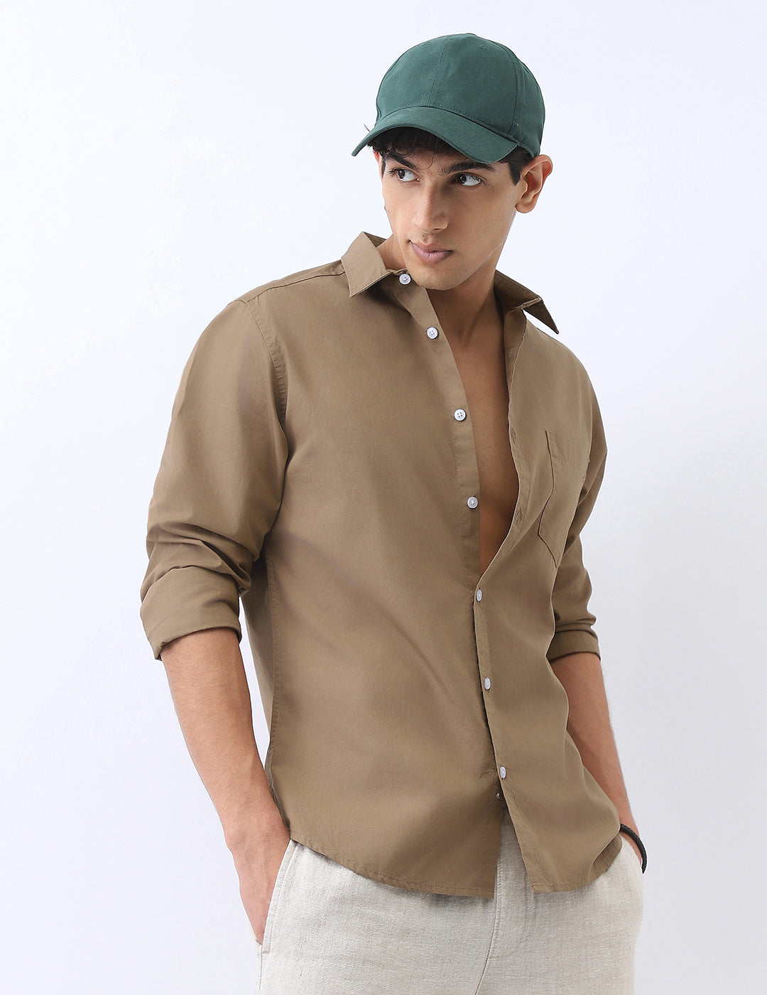 Men's Light Brown Cotton Full Sleeve Regular Fit Casual Solid Shirt