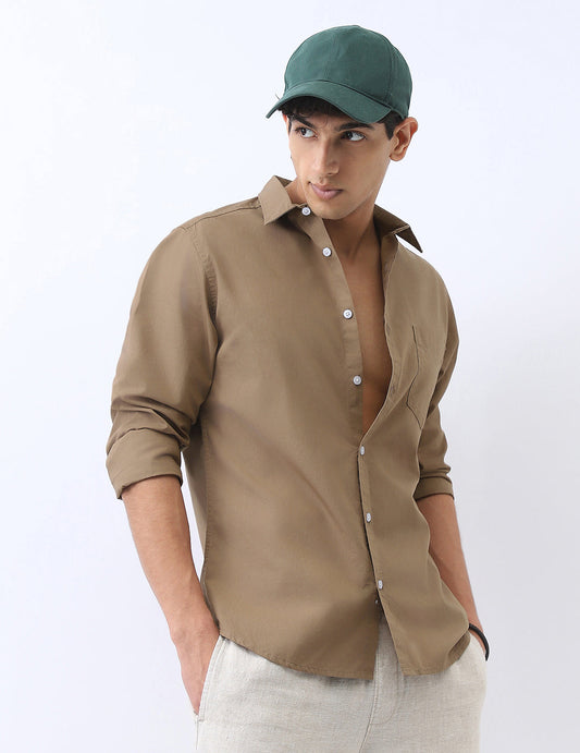 Men's Light Brown Cotton Full Sleeve Regular Fit Casual Solid Shirt