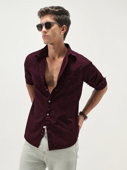 Men's Maroon Cotton Full Sleeve Regular Fit Casual Solid Slub Shirt with Spread Collar
