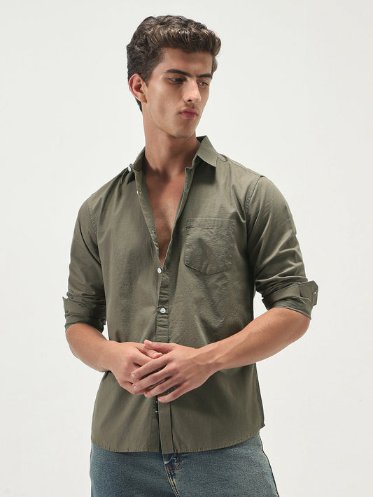 Men's Olive Cotton Full Sleeve Regular Fit Casual Solid Slub Shirt with Spread Collar