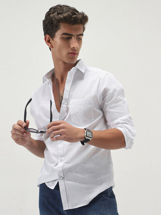 Men's White Cotton Full Sleeve Regular Fit Casual Solid Slub Shirt with Spread Collar