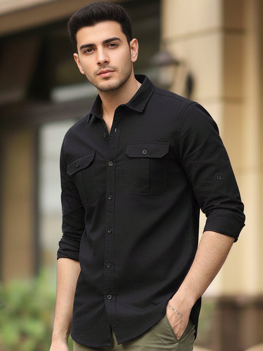 Men's Black Cotton Full Sleeve Regular Fit Casual Solid Shirt