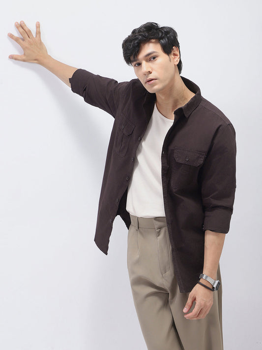 Men's Cocoa Cotton Full Sleeve Regular Fit Casual Solid Shirt