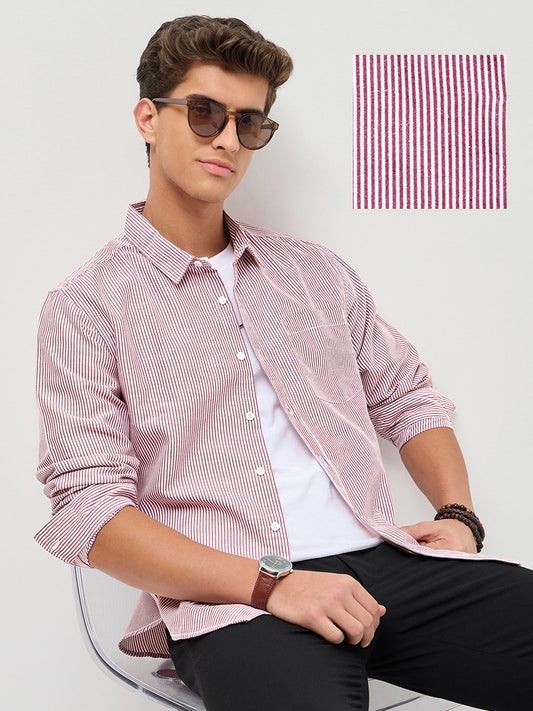 Men's Maroon Cotton Full Sleeve Regular Fit Casual Striped Shirt